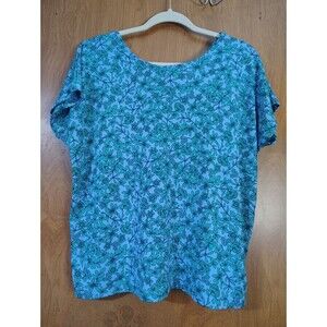 Banana Republic Shirt Womens Medium Blue Green Floral Short Sleeve Key Hole Tie